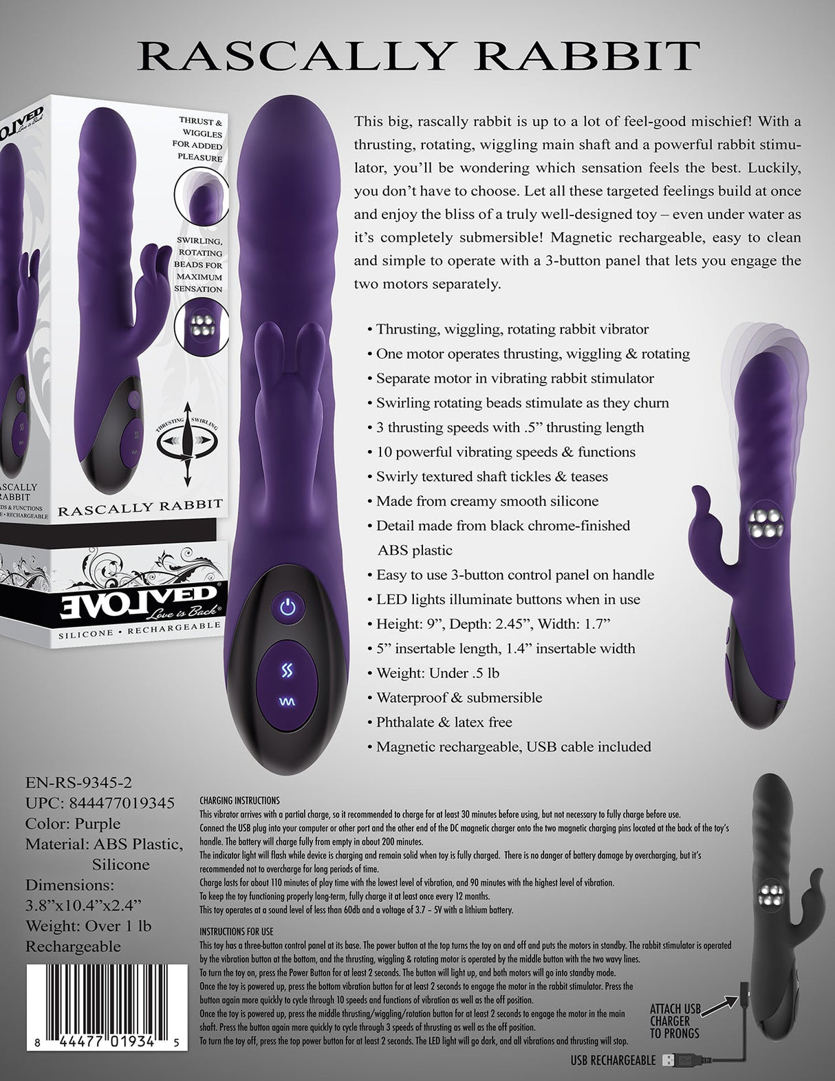 Evolved RASCALLY RABBIT - Purple 22.9 cm USB Rechargeable Rabbit Vibrator - VIBRATORS - RABBIT