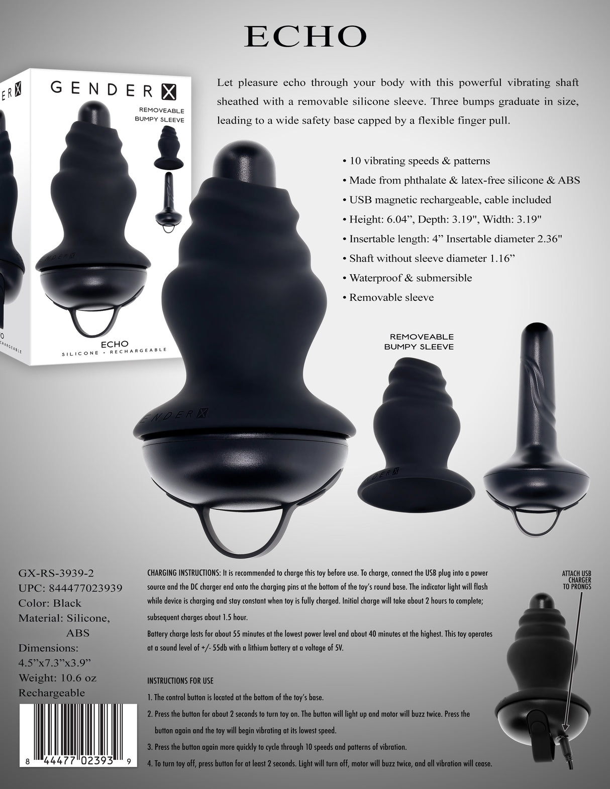 Gender X ECHO - Black 15.3 cm USB Rechargeable Butt Plug - ANAL TOYS