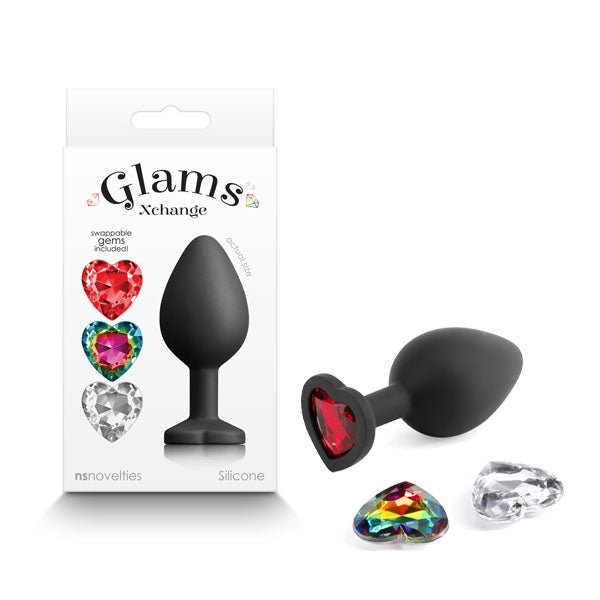 Glams Xchange Heart - Medium - Black Medium Butt Plug with Interchangeable Heart Gems - Anal Toys
