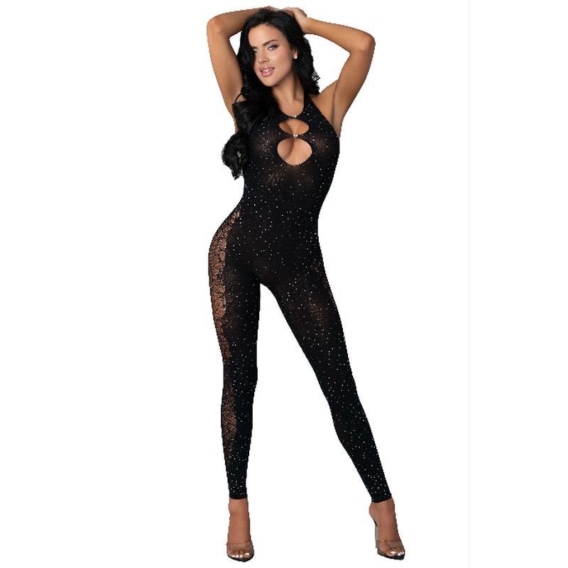Halter Body Stocking With Rhinestone Black - Lingerie