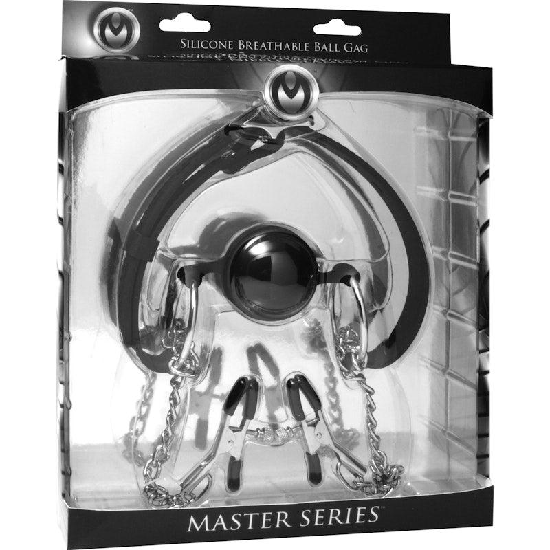 Hinder Breathable Silicone Ball Gag With Nipple Clamps - Adult Toys