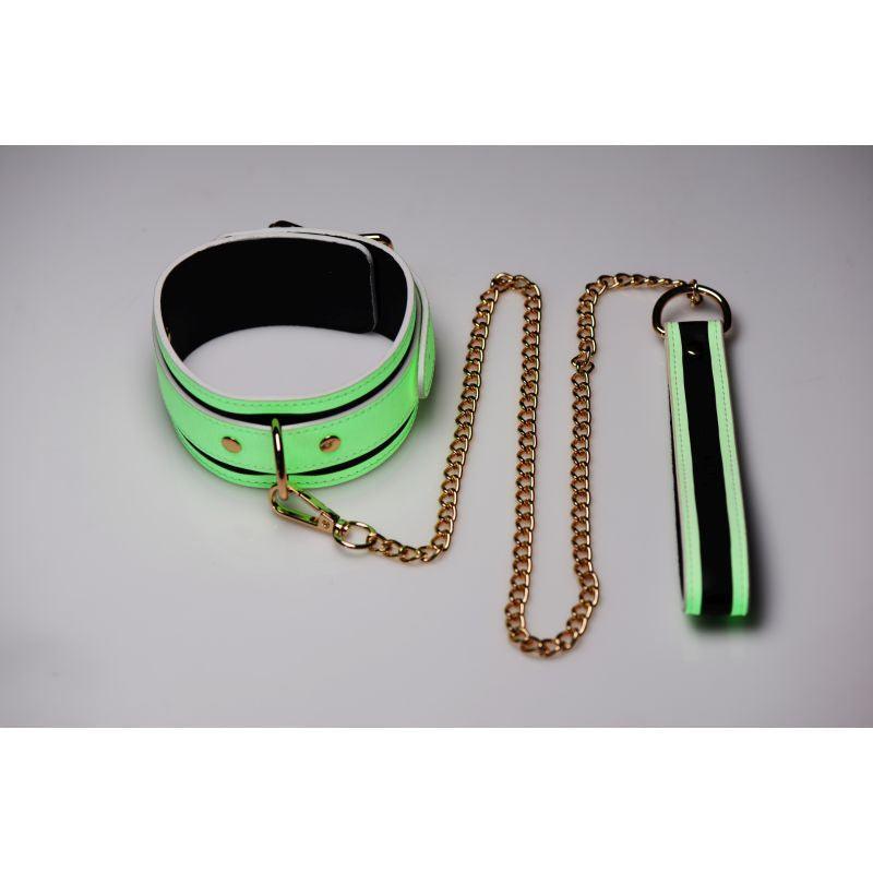 Kink in the Dark Glowing Collar and Lead Fluro Green - Adult Toys