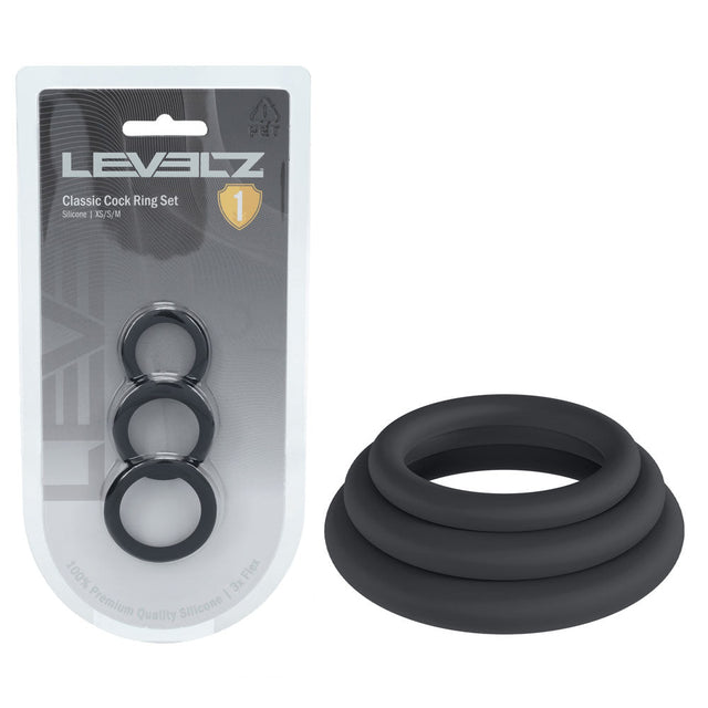 Levelz Classic Silicone Cock Ring Set Black 3 Sizes XS S M - COCK RINGS