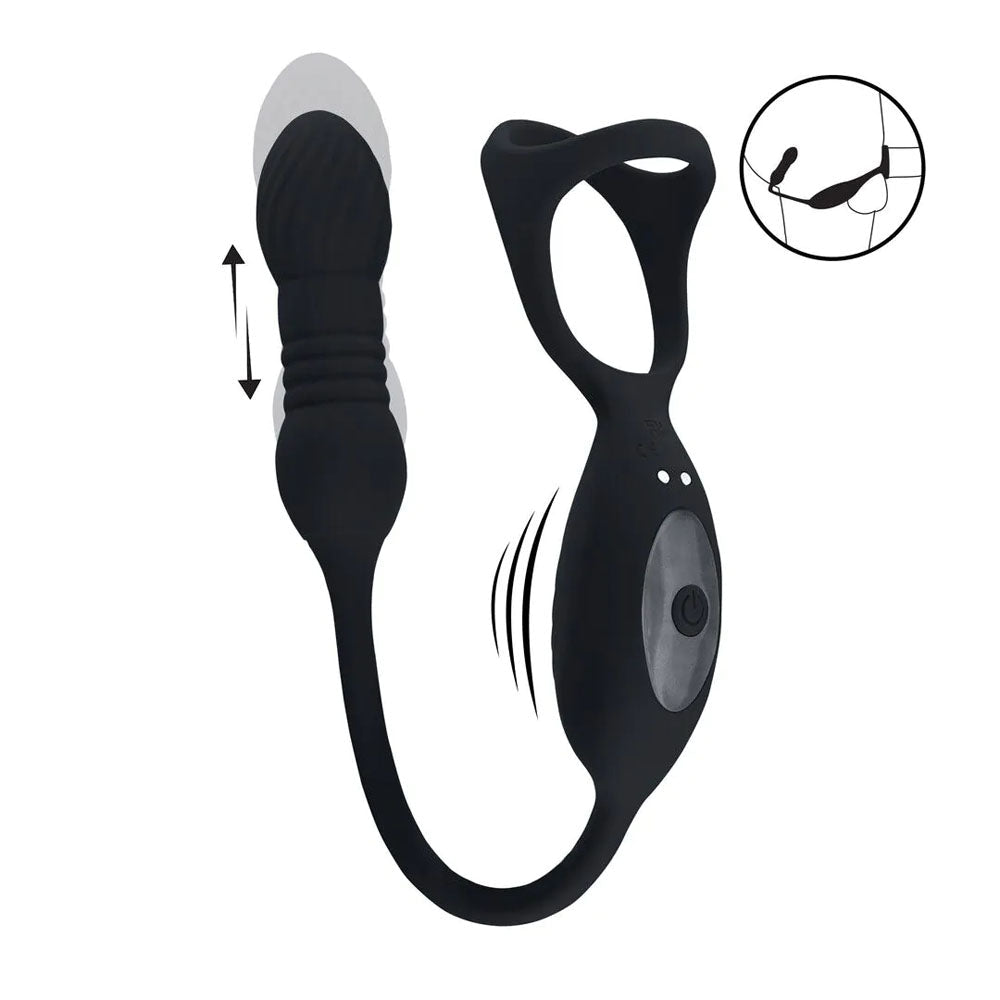 Levelz TriO Vibrating Thrusting Cock Ring With Prostate Stimulator Black - COCK RINGS