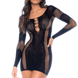 Long Sleeve Floral Fishnet Dress Black - Lingerie