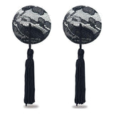 Lovetoy Reusable Black Lace Round Nipple Pasties with Tassels - Adult Toys