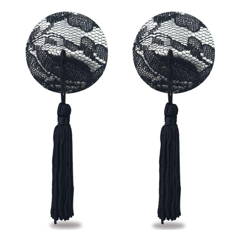 Lovetoy Reusable Black Lace Round Nipple Pasties with Tassels - Adult Toys