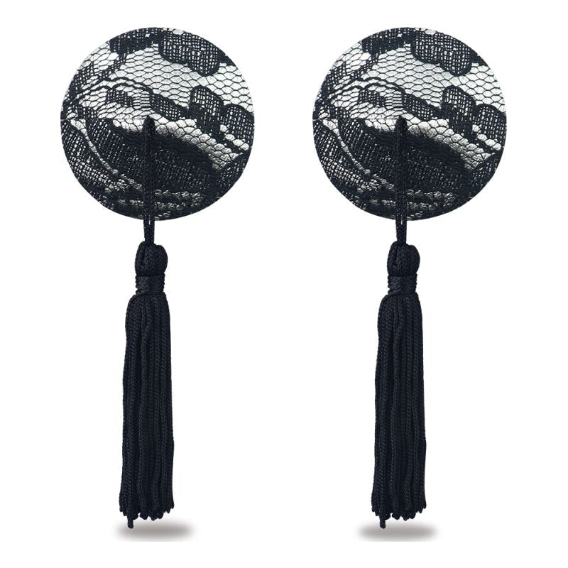 Lovetoy Reusable Black Lace Round Nipple Pasties with Tassels - Adult Toys
