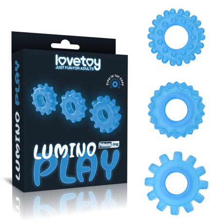 Lumino Play Penis Rings 3 Pack - Glow in the Dark Blue Cock Rings - Set of 3 - COCK RINGS