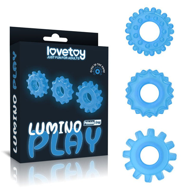 Lumino Play Penis Rings 3 Pack - Glow in the Dark Blue Cock Rings - Set of 3 - COCK RINGS