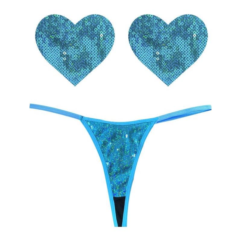 Mahi Mahi Blue Sequin G-String and Heart Pastie Set - Naughty by Nature Adult Store