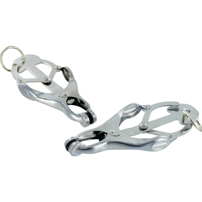 Master Series Ringed Monarch Chrome Nipple Clamps with O - Ring - Adult Toys