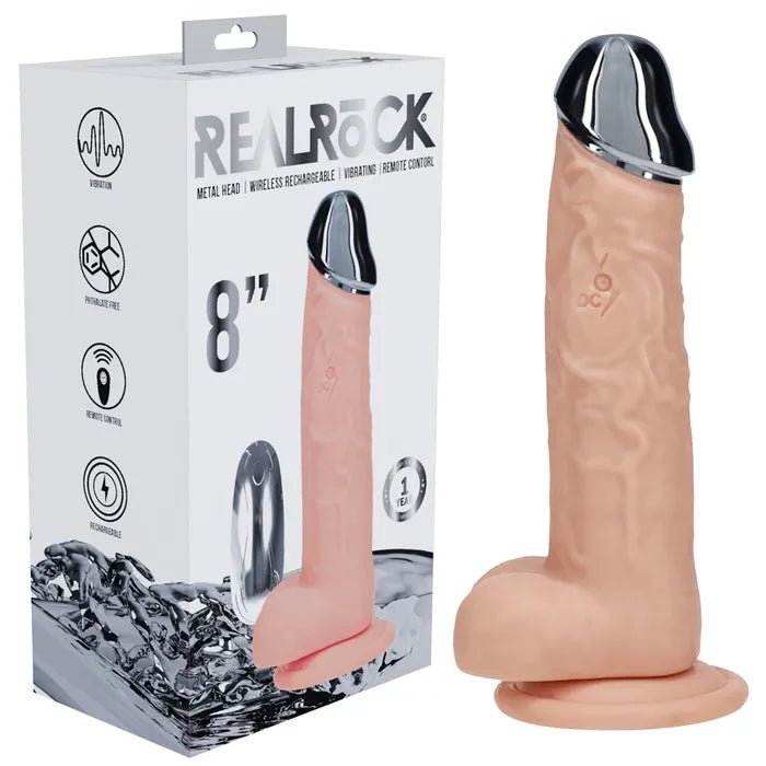 Metal Head Dildo Flesh 8 Inch Vibrating With Wireless Remote - DONGS