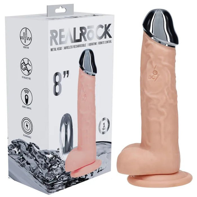 Metal Head Dildo Flesh 8 Inch Vibrating With Wireless Remote - DONGS