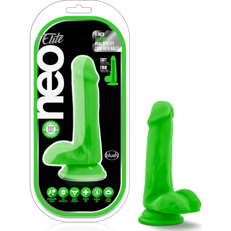 Neo Elite 6in Silicone Dual Density Cock with Balls Neon Green - Adult Toys