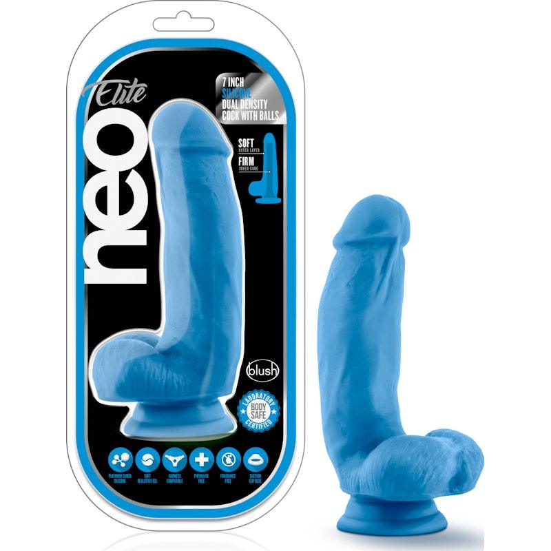 Neo Elite 7in Silicone Dual Density Cock with Balls Neon Blue - Adult Toys