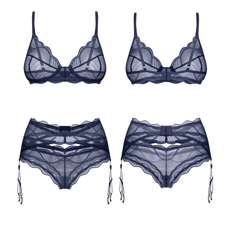 Nightly Blue Bra Panty Garter 3 Pc - Lingerie
