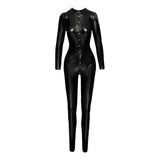 Noir Long PVC Button Up Overall – Black Form Fitting Bodysuit - Lingerie