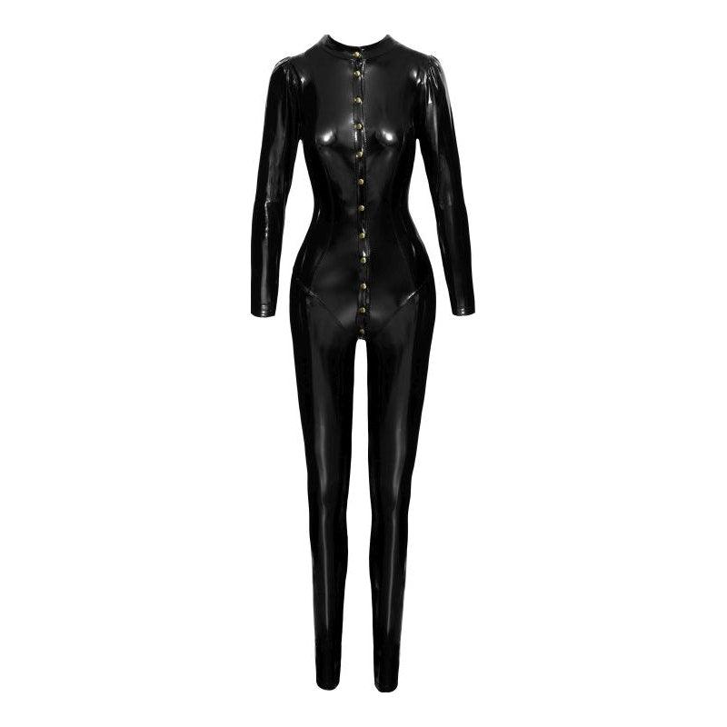 Noir Long PVC Button Up Overall – Black Form Fitting Bodysuit - Lingerie