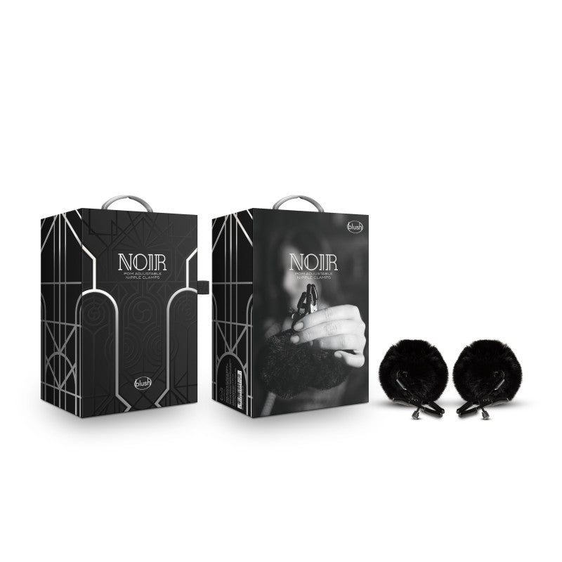 Noir Pom Adjustable Nipple Clamps - Black Furry Nipple Clamps - BONDAGE - TOYS