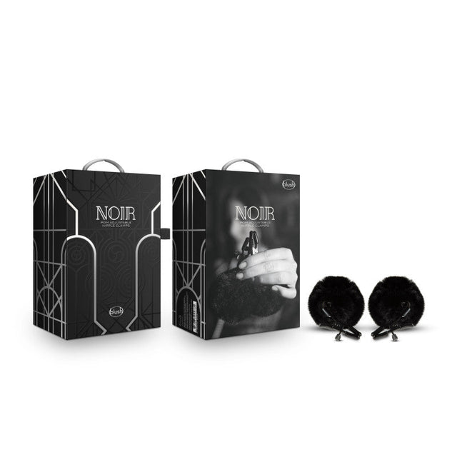 Noir Pom Adjustable Nipple Clamps - Black Furry Nipple Clamps - BONDAGE - TOYS