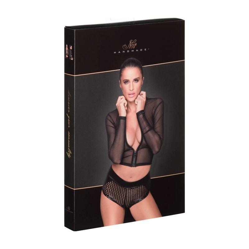 Noir Sheer Tulle Top – Soft Black Zipped Mesh Shirt with Collar - Lingerie