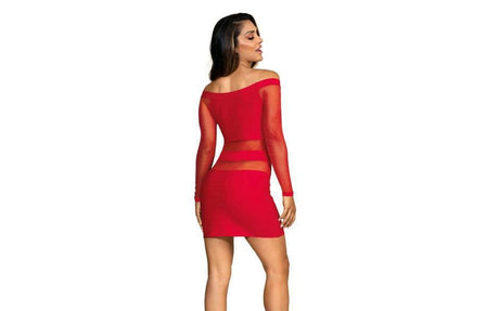 Off The Shoulder Mesh Panel Dress Red - Naughty by Nature Adult Store