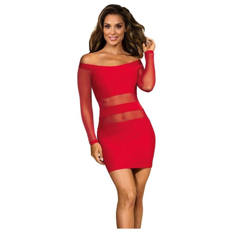 Off The Shoulder Mesh Panel Dress Red - Naughty by Nature Adult Store