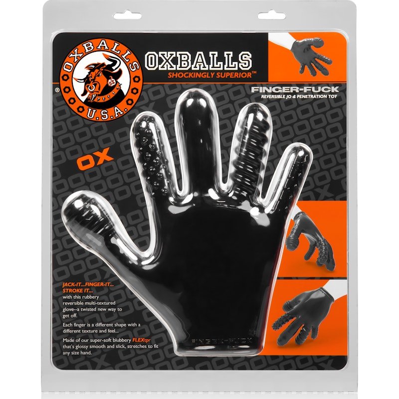 OxBalls Finger Fuck Glove – Textured Rubber Fisting Glove in Black - Adult Toys