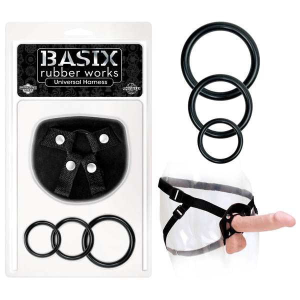 Pipedream Basix Universal Strap - On Harness with 3 Silicone Rings – Black - STRAP - ONS