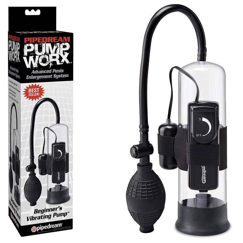 Pipedream Pump Worx Beginner's Vibrating Penis Pump – Clear and Black - PUMPS