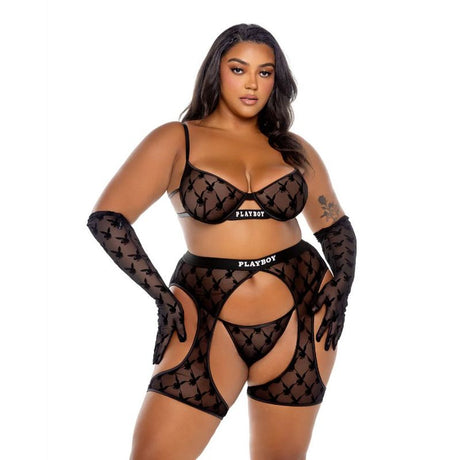 Playboy Flocked Bunny Chaps 3 Pc Set Black - Lingerie