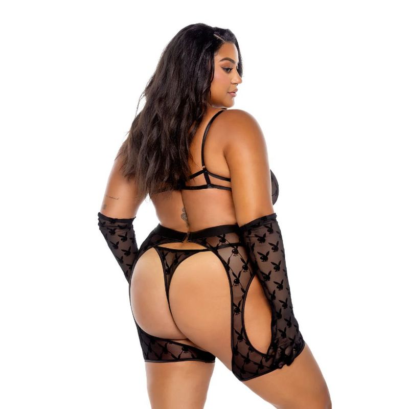 Playboy Flocked Bunny Chaps 3 Pc Set Black - Lingerie