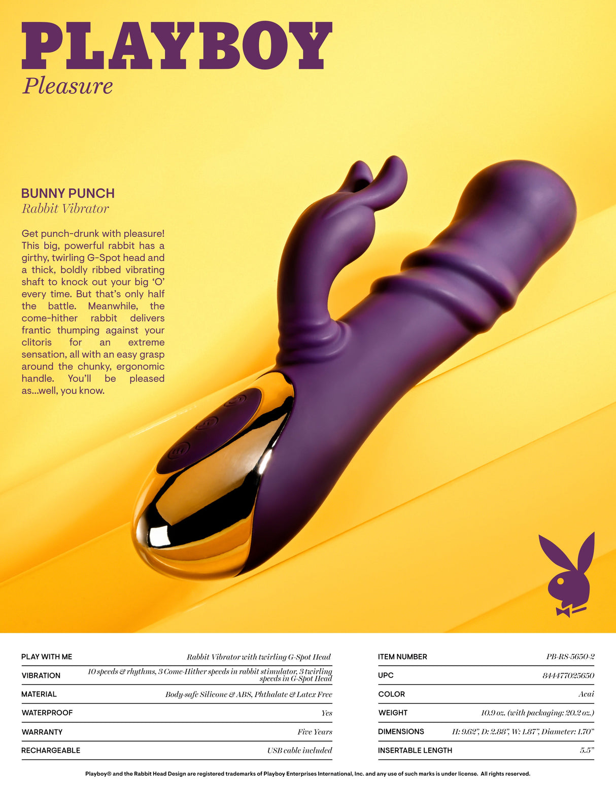 Playboy Pleasure BUNNY PUNCH - Twirling Rabbit Vibrator - VIBRATORS
