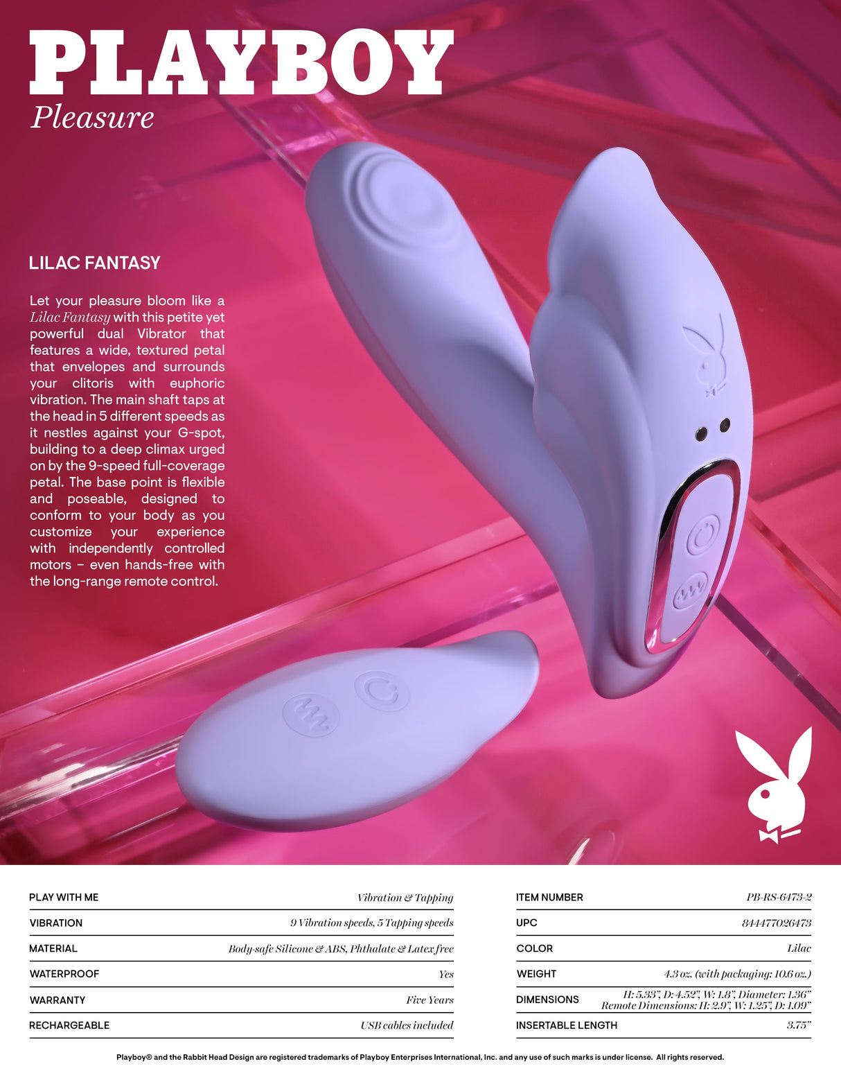 Playboy Pleasure LILAC FANTASY - Tapping Vibrator with Remote - VIBRATORS