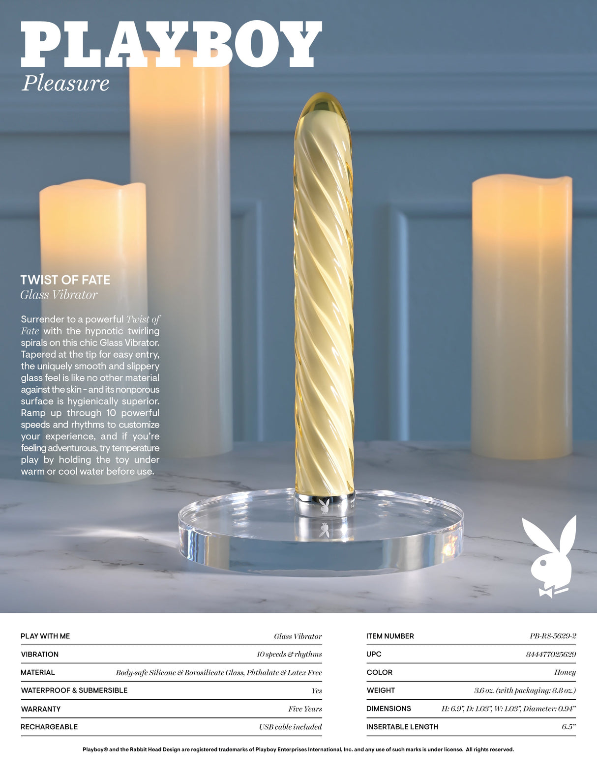 Playboy Pleasure TWIST OF FATE - Yellow Glass Rechargeable Vibrator - VIBRATORS