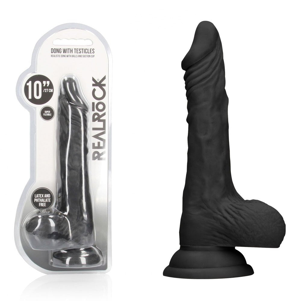 RealRock 10 Inch Realistic Dong With Balls Black 25.4 cm - DONGS