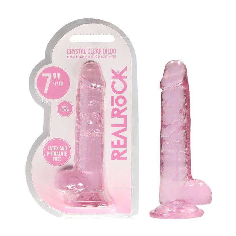 REALROCK 7'' Realistic Dildo with Balls – Pink TPE Suction Cup Dong - DONGS