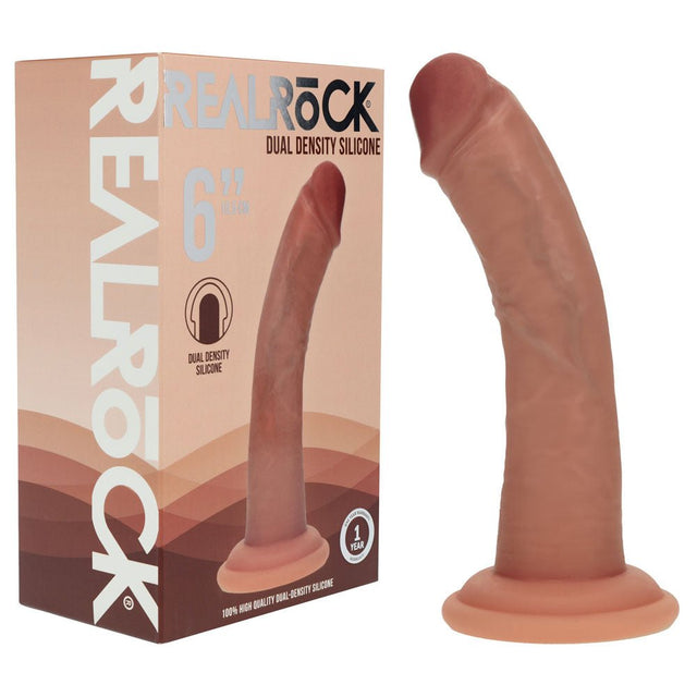Realrock Dual Density Silicone Curved Dildo 6 Inch Tan Premium Body Safe - DONGS