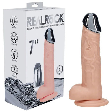 RealRock Metal Head 7 Inch Flesh Dildo Vibrating With Remote - DONGS
