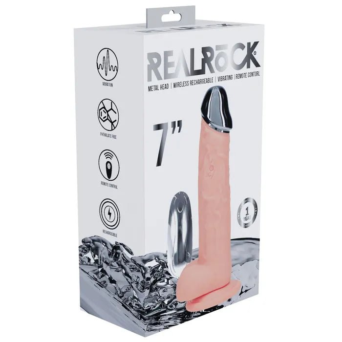 RealRock Metal Head 7 Inch Flesh Dildo Vibrating With Remote - DONGS