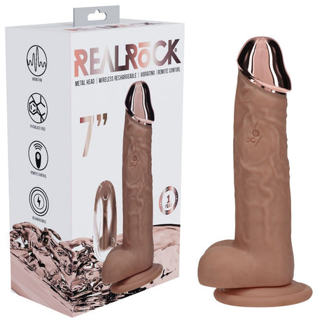 RealRock Metal Head 7 Inch Rechargeable Dildo Tan With Wireless Remote - DONGS