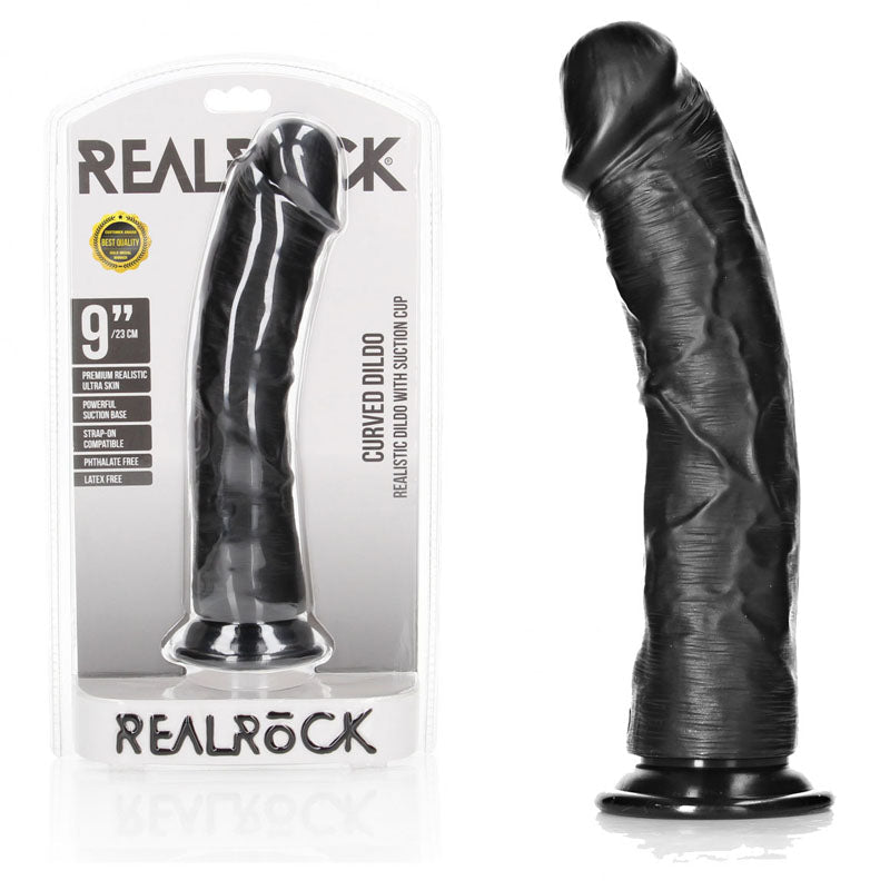 Realrock Realistic Regular Curved Dildo With Suction Cup 23 Cm Black Dong - DONGS