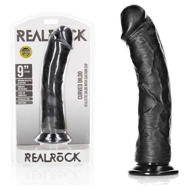 Realrock Realistic Regular Curved Dildo With Suction Cup 23 Cm Black Dong - DONGS