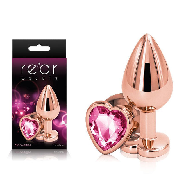 Rear Assets Rose Gold Heart Medium - Rose Gold Medium Metal Butt Plug with Pink Heart Gem Base - Anal Toys
