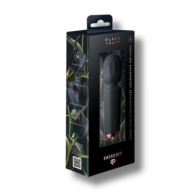 Rechargeable 16 Mode Silicone Mini Wand Black Tulip - Adult Toys