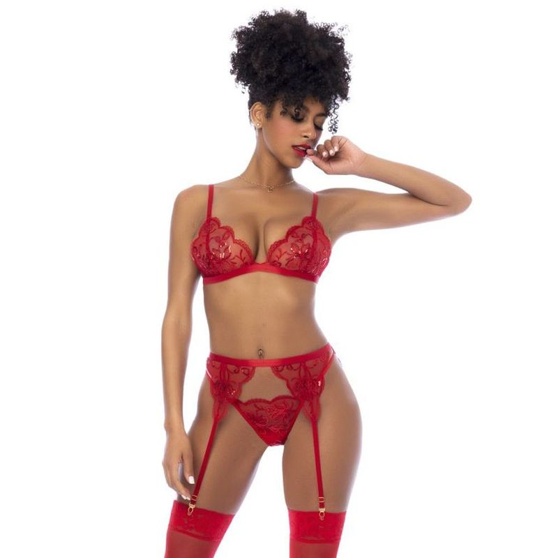 Red 3 Pc Set w/ Bralette, Garter Belt and Thong - Lingerie