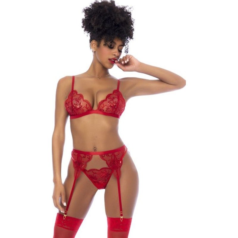 Red 3 Pc Set w/ Bralette, Garter Belt and Thong - Lingerie