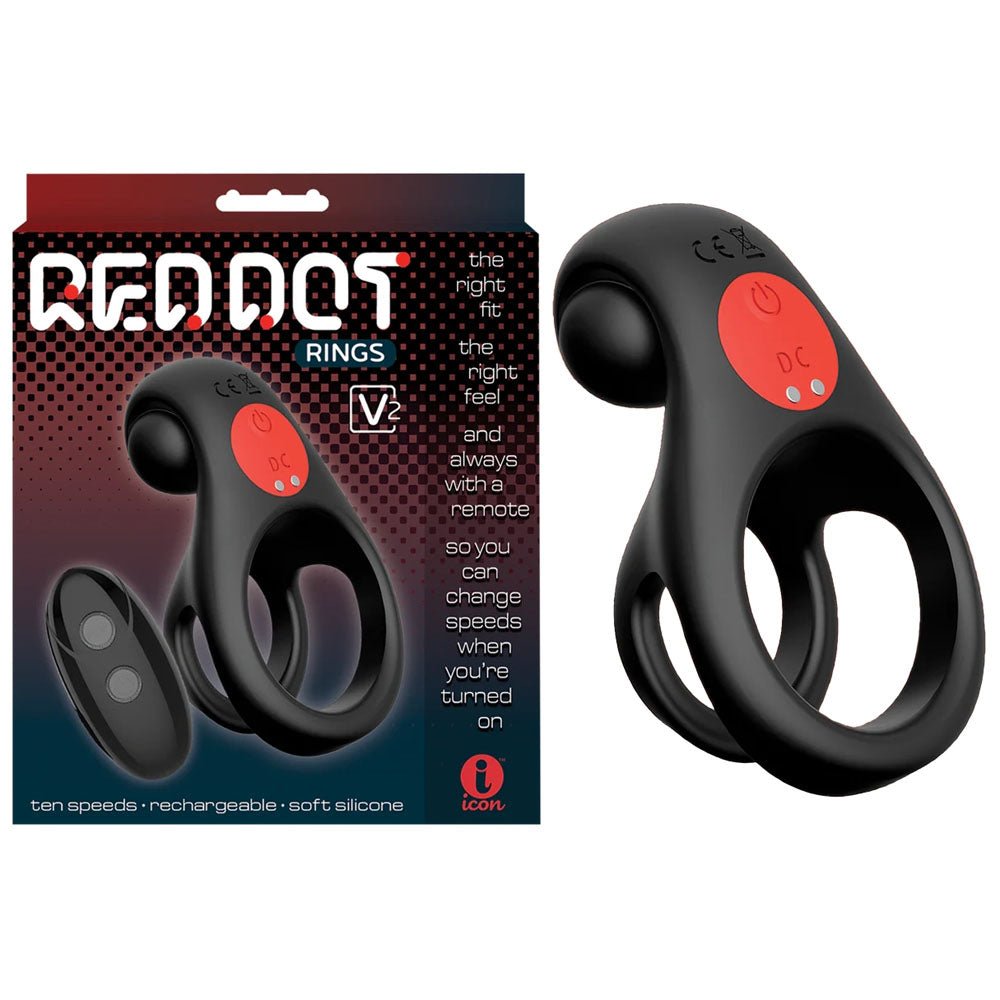 Red Dot Rings - V2 - Black USB Rechargeable Vibrating Cock & Ball Ring with Remote - COCK RINGS