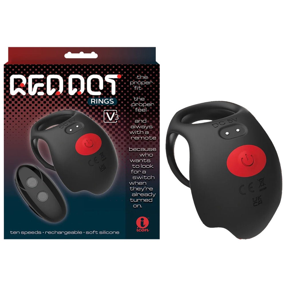 Red Dot Rings - V3 - Black USB Rechargeable Vibrating Cock & Ball Ring with Remote - COCK RINGS